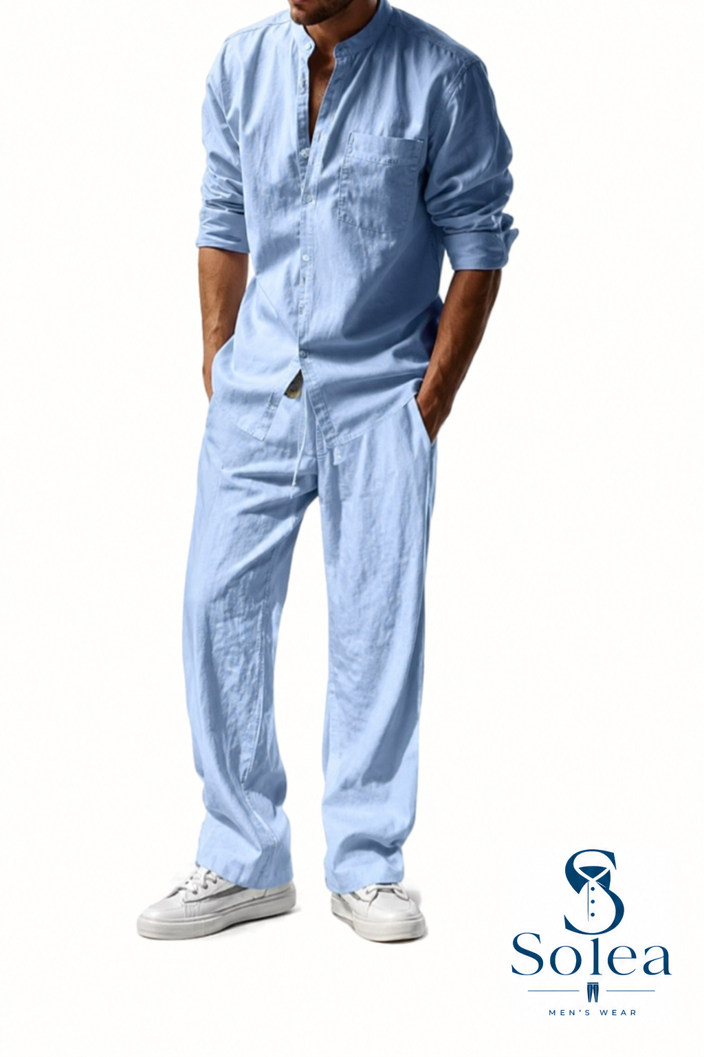 SOLEA - Completo da uomo, camicia e pantalone in cotone e lino