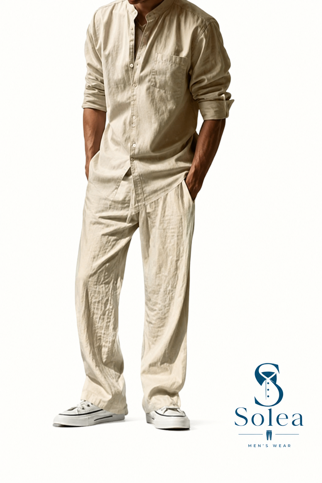 SOLEA - Completo da uomo, camicia e pantalone in cotone e lino