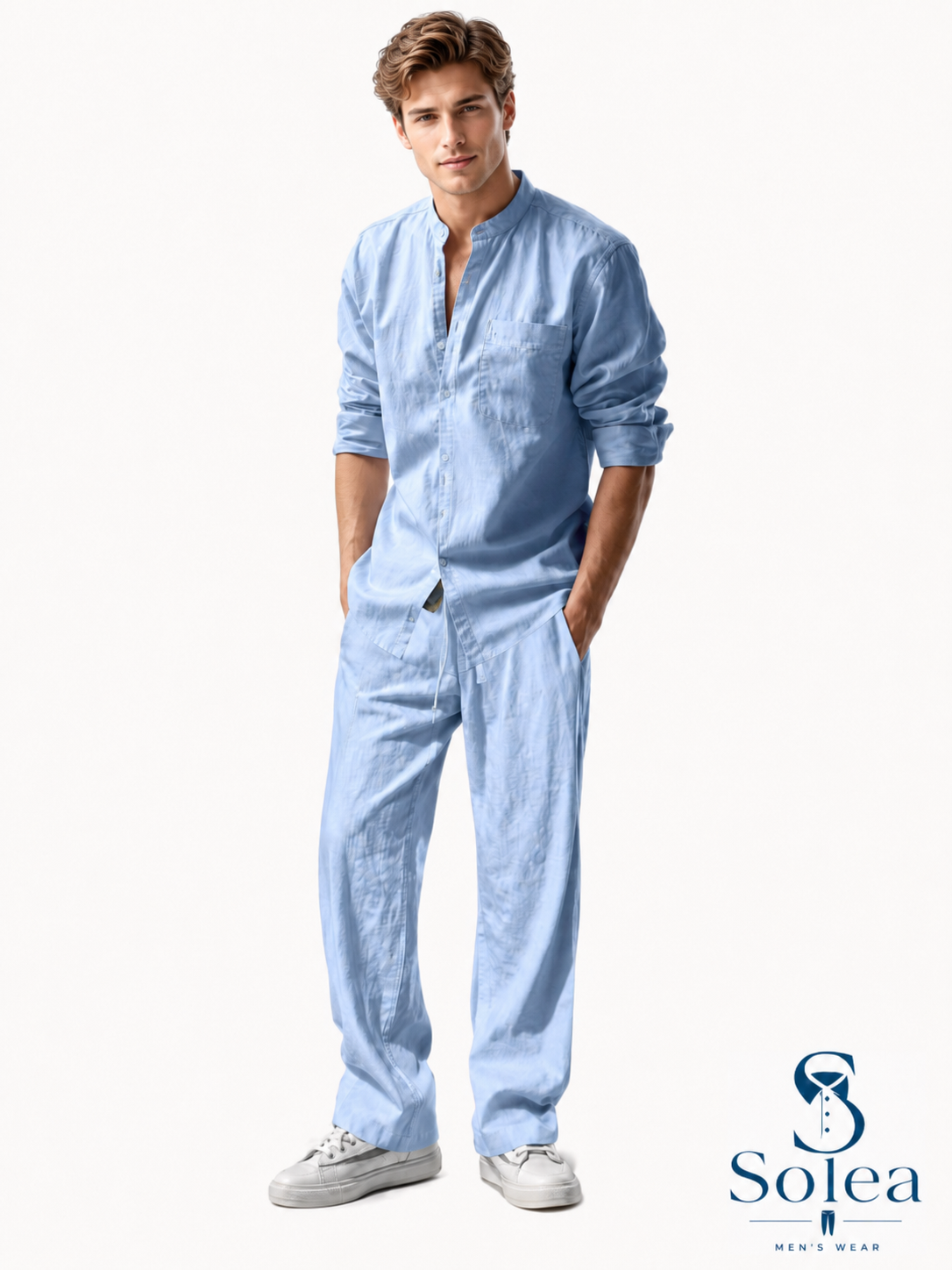SOLEA - Completo da uomo, camicia e pantalone in cotone e lino